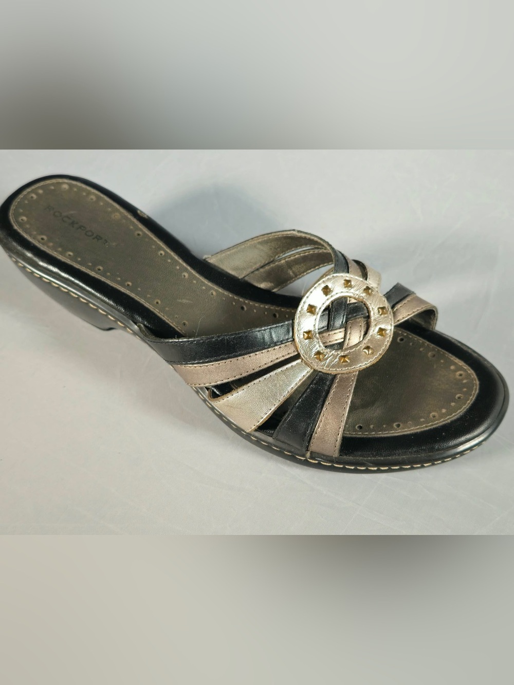 EUC Rockport Women's Black and Pewter Slip-On Sandal with Decorative Buckle